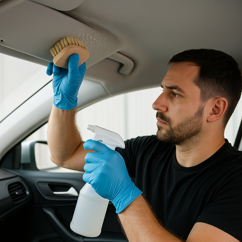 Técnica correta de como limpar o teto do carro com escova delicada para não danificar o tecido.