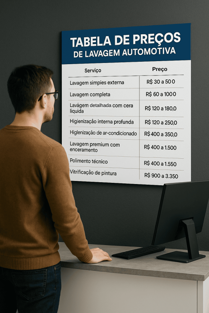 tabela de preços de lavagem automotiva exposta em lava-rápido profissional